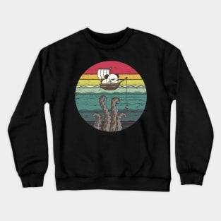 Funny Cute Fishing Panda Retro Sunset Distressed Vintage Rainbow Colors Crewneck Sweatshirt